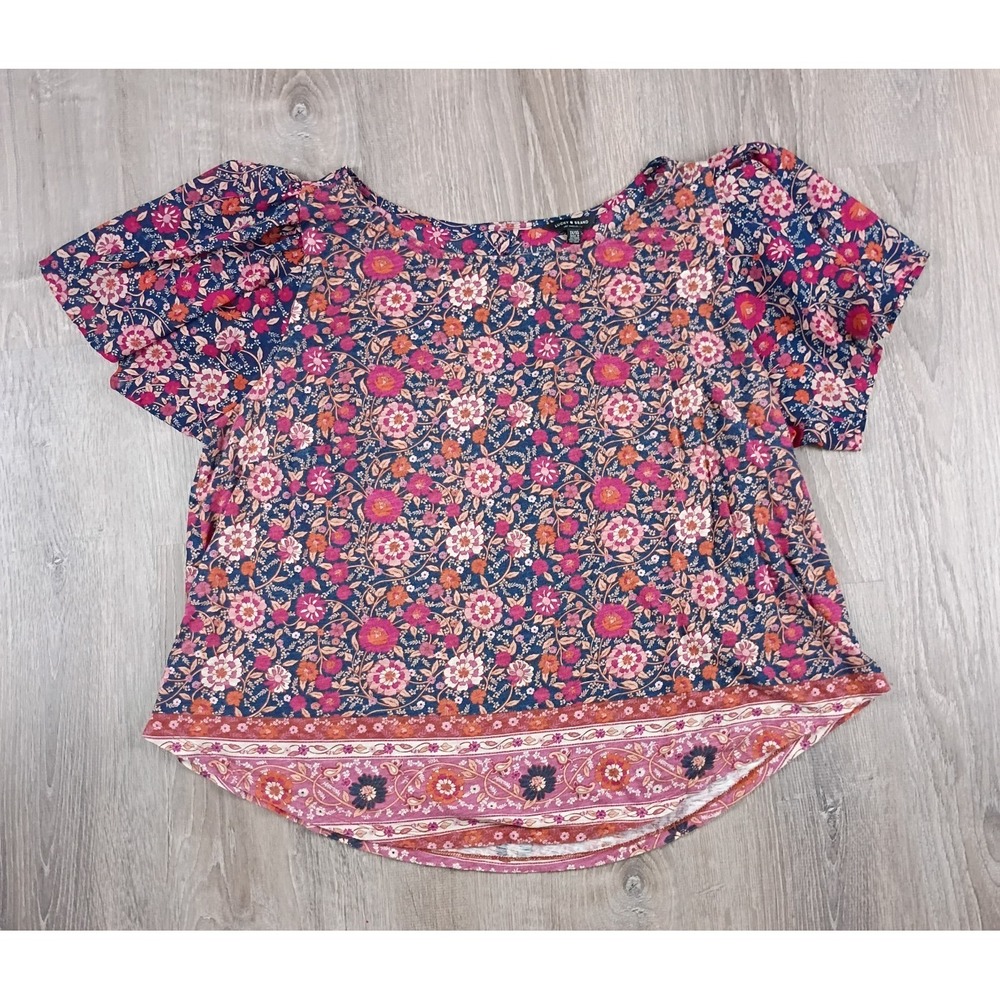 Lucky Brand Womens Size 1X Floral Shirt Short Flutter Sleeve Blouse Cut Out